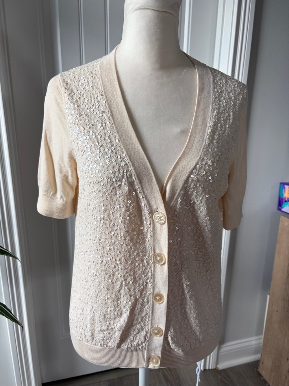 Talbots Sequin Embellished Cream Button-Up Cardigan (size SP)